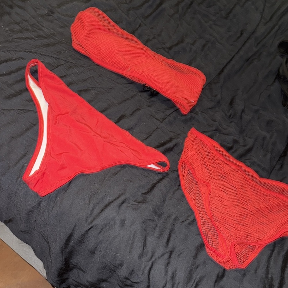 Fire Red Bikini Set w/ Lace Cover-Up – Size L – 3 Piece Set - Picture 2 of 5